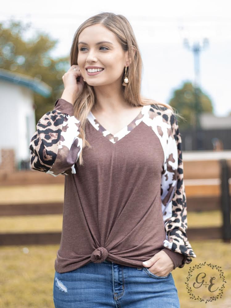 Cow/Leopard sleeve top